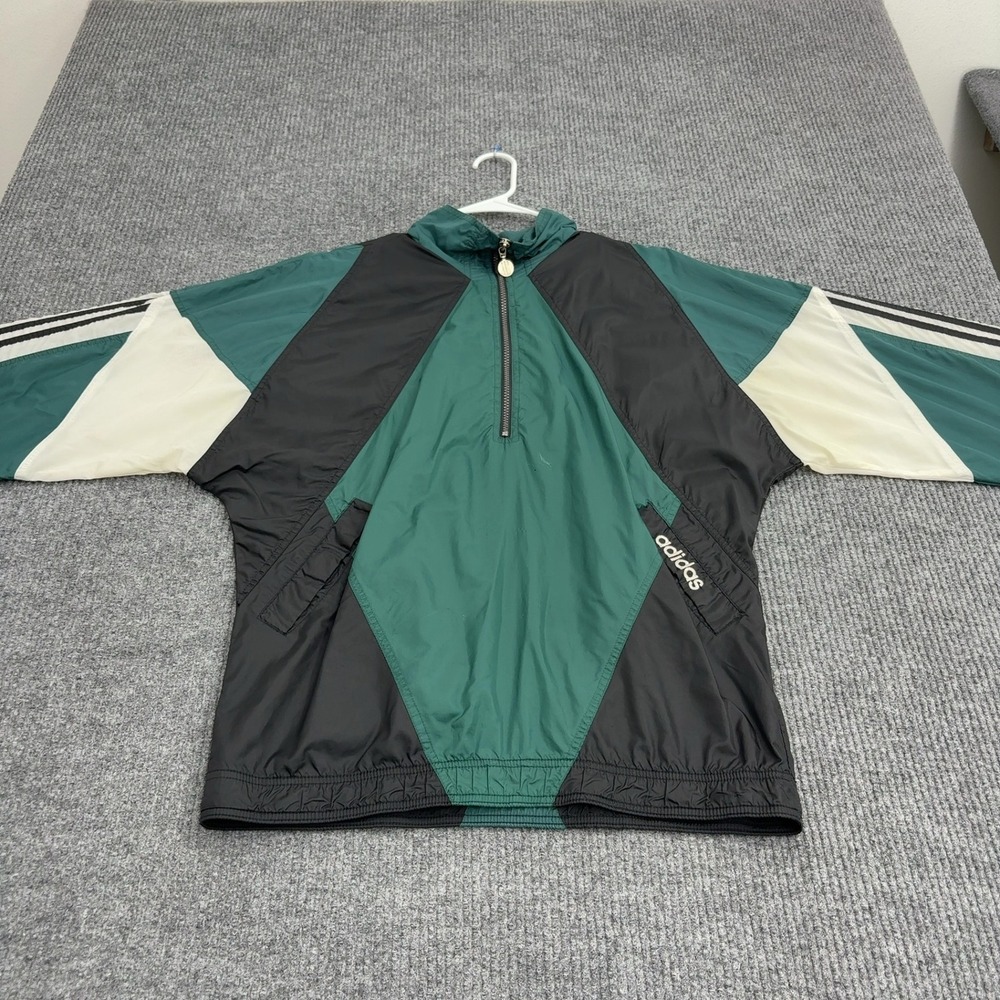 Vintage Adidas Windbreaker Jacket Mens M Green Black Nylon Quarter Zip Sporty